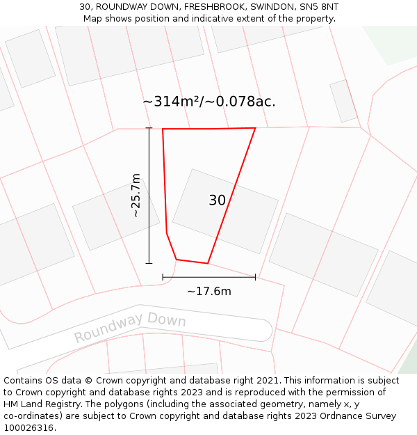 30, ROUNDWAY DOWN, FRESHBROOK, SWINDON, SN5 8NT: Plot and title map