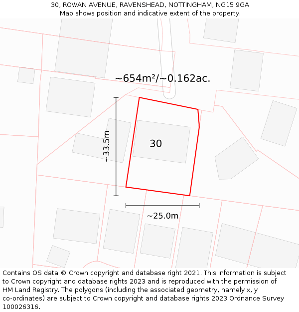 30, ROWAN AVENUE, RAVENSHEAD, NOTTINGHAM, NG15 9GA: Plot and title map