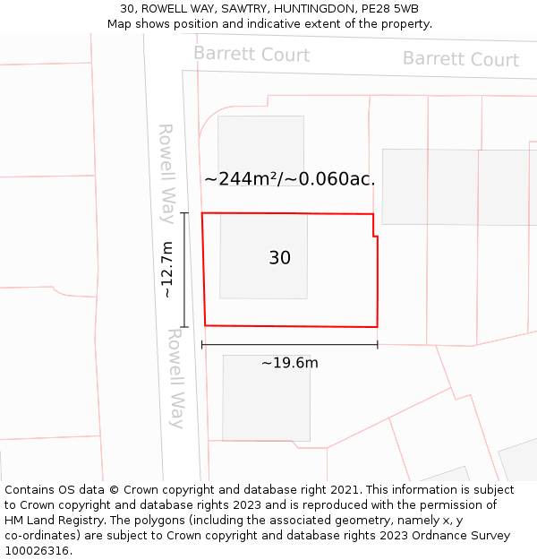 30, ROWELL WAY, SAWTRY, HUNTINGDON, PE28 5WB: Plot and title map