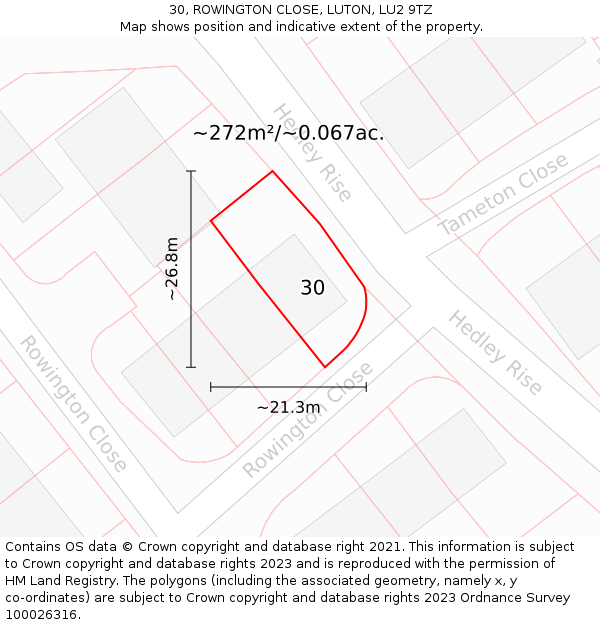 30, ROWINGTON CLOSE, LUTON, LU2 9TZ: Plot and title map