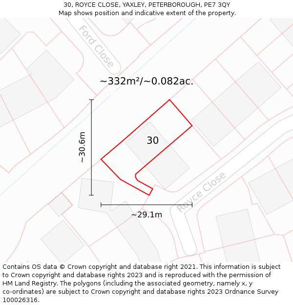 30, ROYCE CLOSE, YAXLEY, PETERBOROUGH, PE7 3QY: Plot and title map
