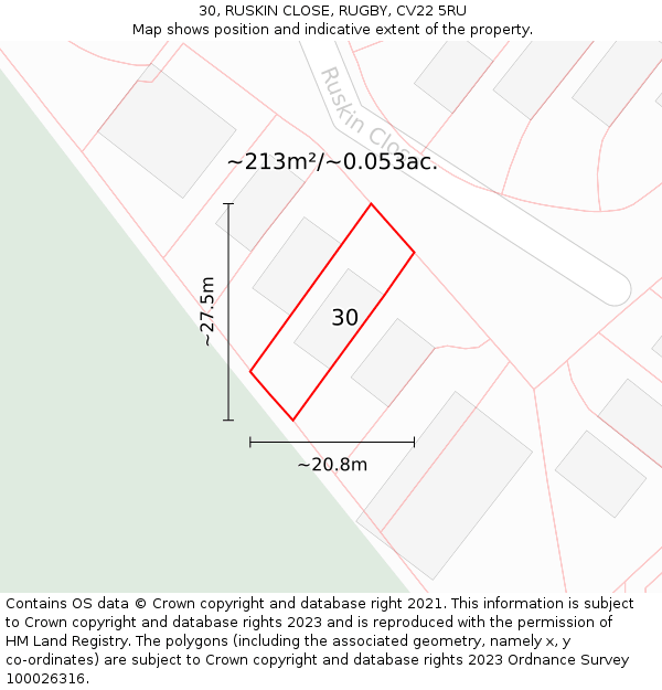 30, RUSKIN CLOSE, RUGBY, CV22 5RU: Plot and title map