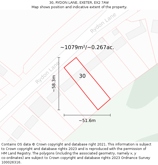 30, RYDON LANE, EXETER, EX2 7AW: Plot and title map