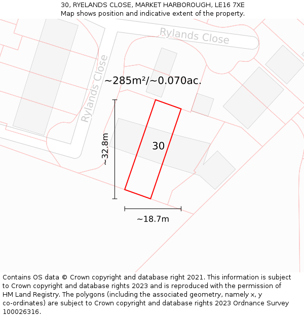 30, RYELANDS CLOSE, MARKET HARBOROUGH, LE16 7XE: Plot and title map