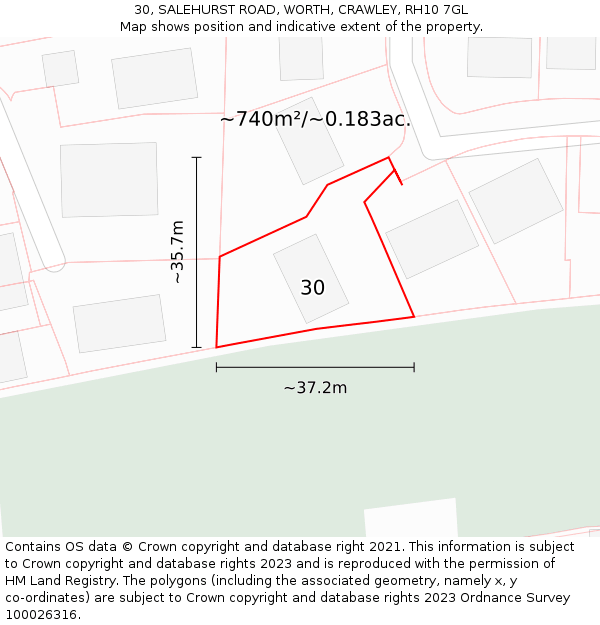 30, SALEHURST ROAD, WORTH, CRAWLEY, RH10 7GL: Plot and title map