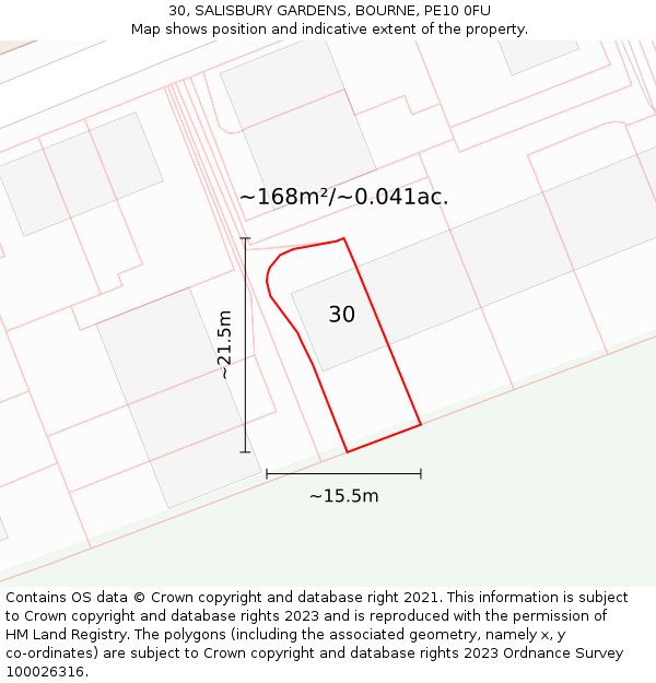 30, SALISBURY GARDENS, BOURNE, PE10 0FU: Plot and title map