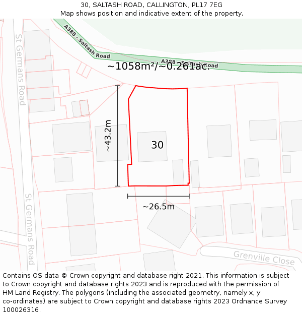 30, SALTASH ROAD, CALLINGTON, PL17 7EG: Plot and title map