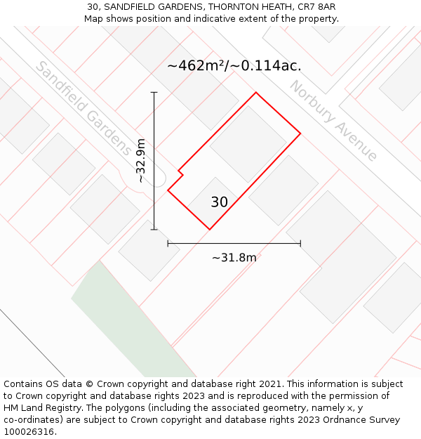 30, SANDFIELD GARDENS, THORNTON HEATH, CR7 8AR: Plot and title map