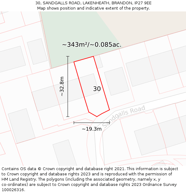 30, SANDGALLS ROAD, LAKENHEATH, BRANDON, IP27 9EE: Plot and title map