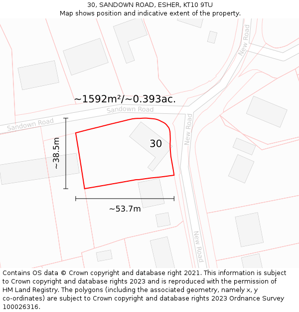 30, SANDOWN ROAD, ESHER, KT10 9TU: Plot and title map