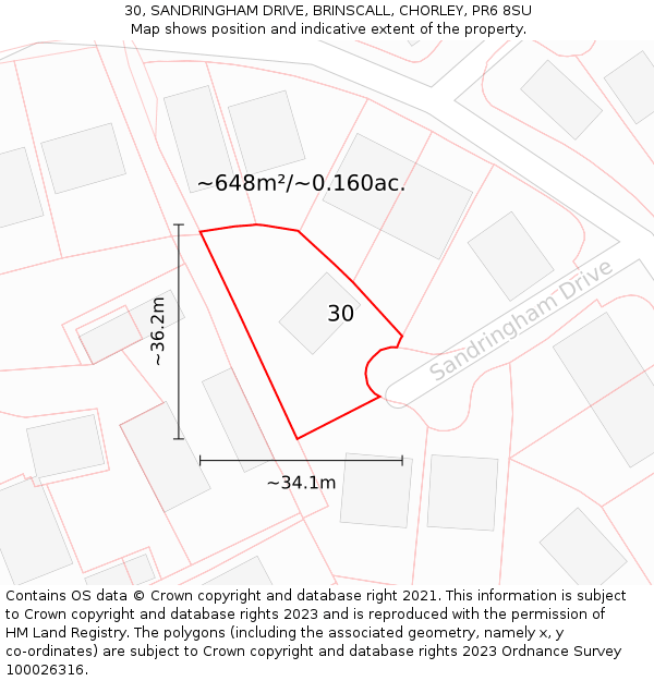 30, SANDRINGHAM DRIVE, BRINSCALL, CHORLEY, PR6 8SU: Plot and title map