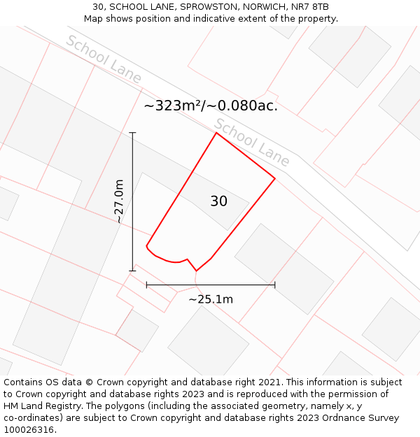 30, SCHOOL LANE, SPROWSTON, NORWICH, NR7 8TB: Plot and title map