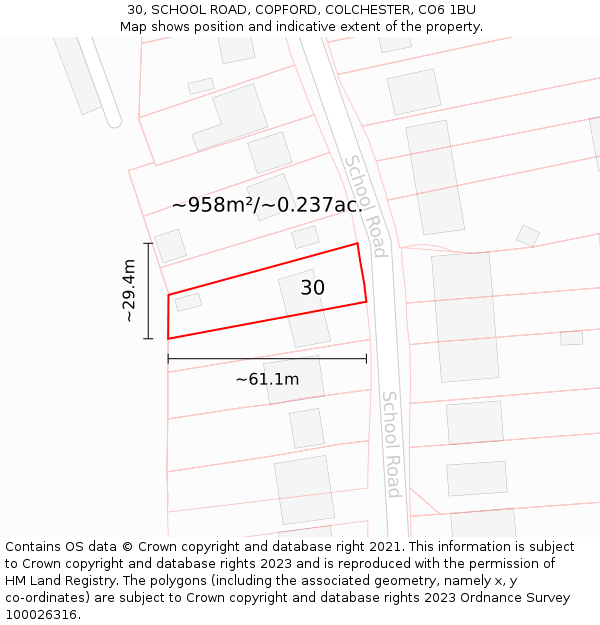 30, SCHOOL ROAD, COPFORD, COLCHESTER, CO6 1BU: Plot and title map