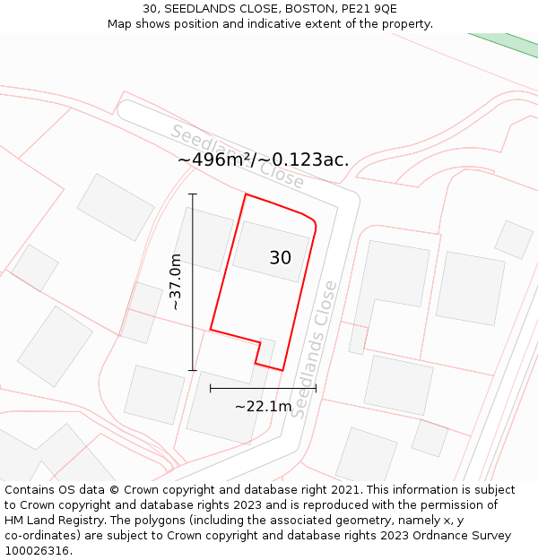 30, SEEDLANDS CLOSE, BOSTON, PE21 9QE: Plot and title map