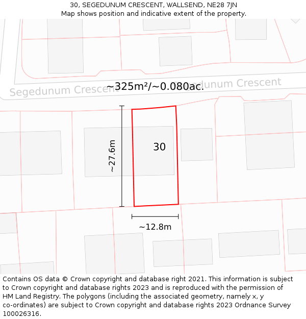 30, SEGEDUNUM CRESCENT, WALLSEND, NE28 7JN: Plot and title map