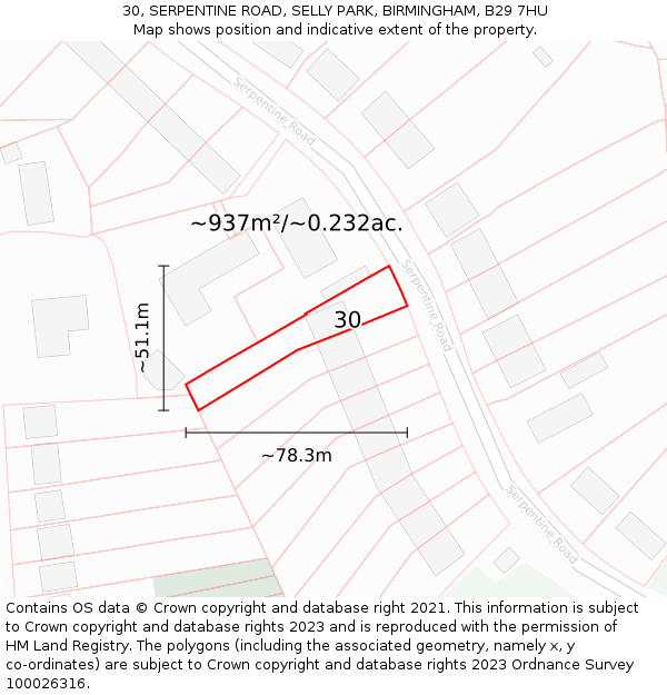 30, SERPENTINE ROAD, SELLY PARK, BIRMINGHAM, B29 7HU: Plot and title map