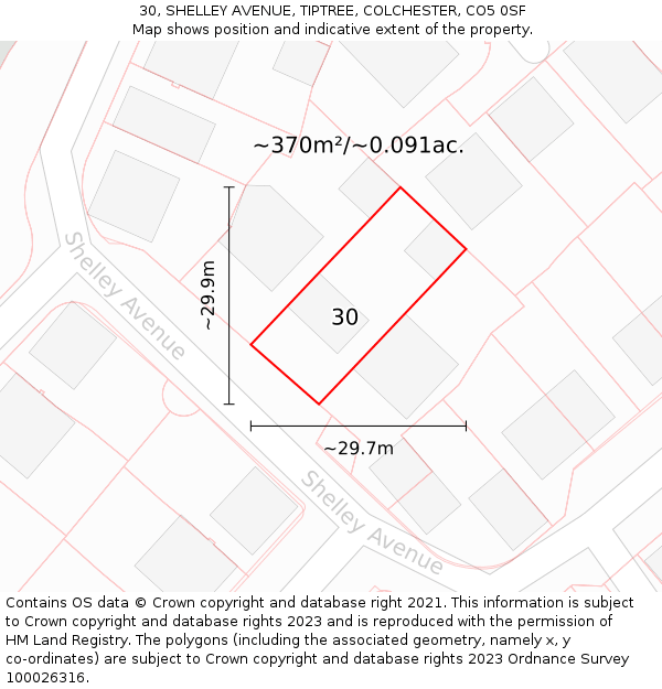 30, SHELLEY AVENUE, TIPTREE, COLCHESTER, CO5 0SF: Plot and title map
