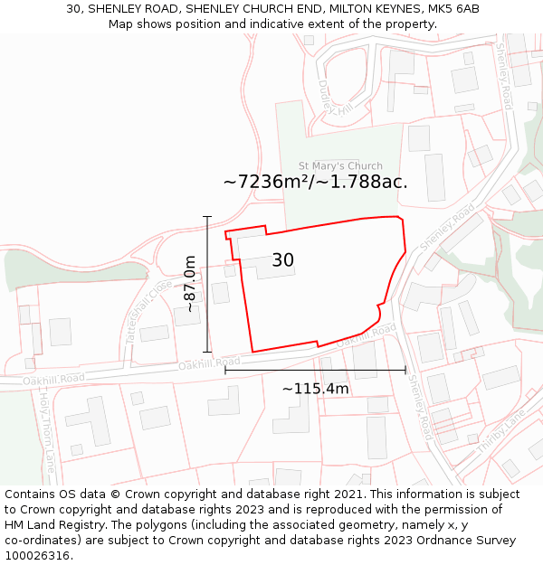 30, SHENLEY ROAD, SHENLEY CHURCH END, MILTON KEYNES, MK5 6AB: Plot and title map