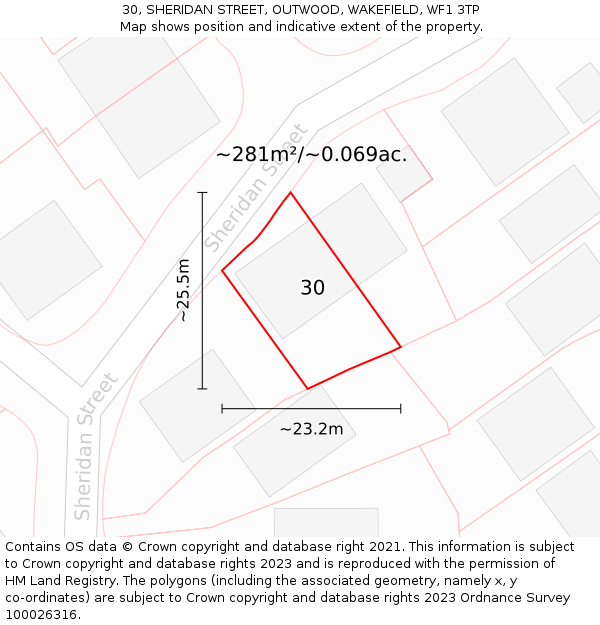 30, SHERIDAN STREET, OUTWOOD, WAKEFIELD, WF1 3TP: Plot and title map