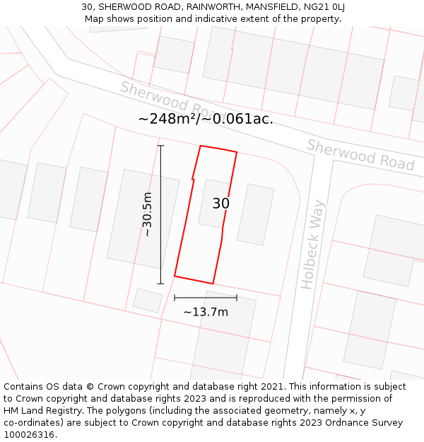 30, SHERWOOD ROAD, RAINWORTH, MANSFIELD, NG21 0LJ: Plot and title map