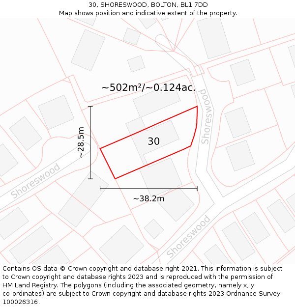 30, SHORESWOOD, BOLTON, BL1 7DD: Plot and title map