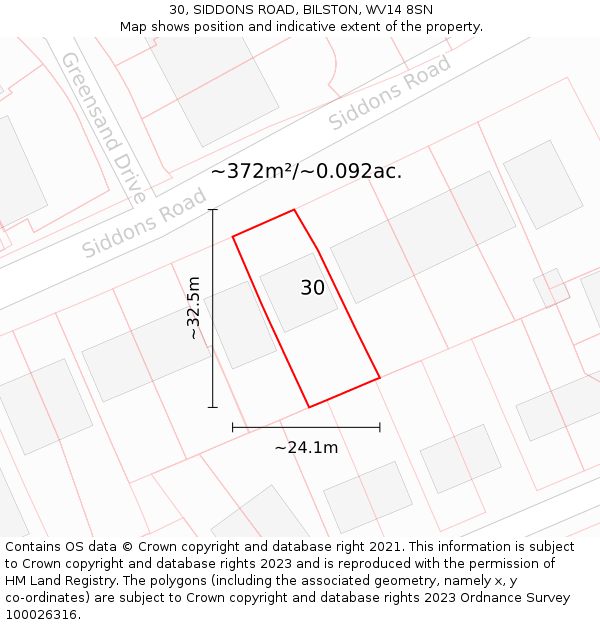 30, SIDDONS ROAD, BILSTON, WV14 8SN: Plot and title map