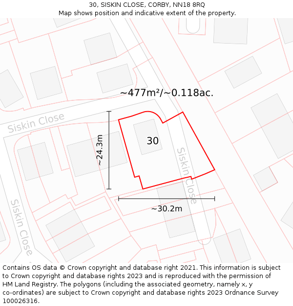 30, SISKIN CLOSE, CORBY, NN18 8RQ: Plot and title map