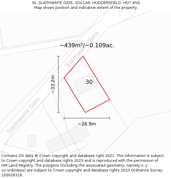 30, SLAITHWAITE GATE, GOLCAR, HUDDERSFIELD, HD7 4NS: Plot and title map