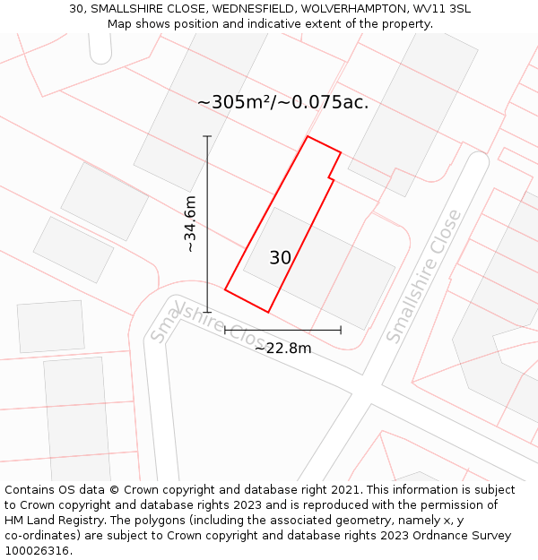 30, SMALLSHIRE CLOSE, WEDNESFIELD, WOLVERHAMPTON, WV11 3SL: Plot and title map