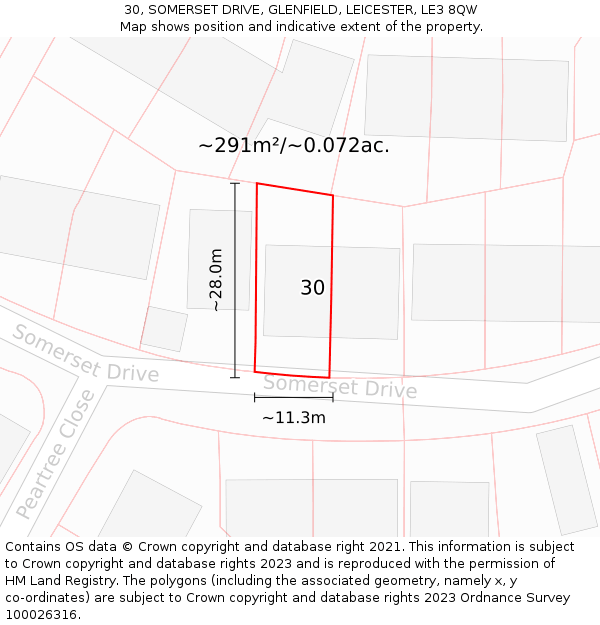 30, SOMERSET DRIVE, GLENFIELD, LEICESTER, LE3 8QW: Plot and title map