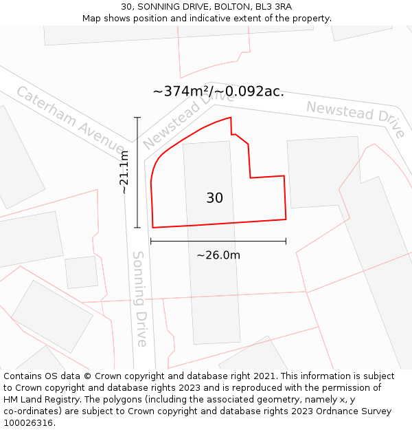 30, SONNING DRIVE, BOLTON, BL3 3RA: Plot and title map