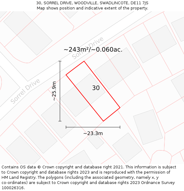 30, SORREL DRIVE, WOODVILLE, SWADLINCOTE, DE11 7JS: Plot and title map