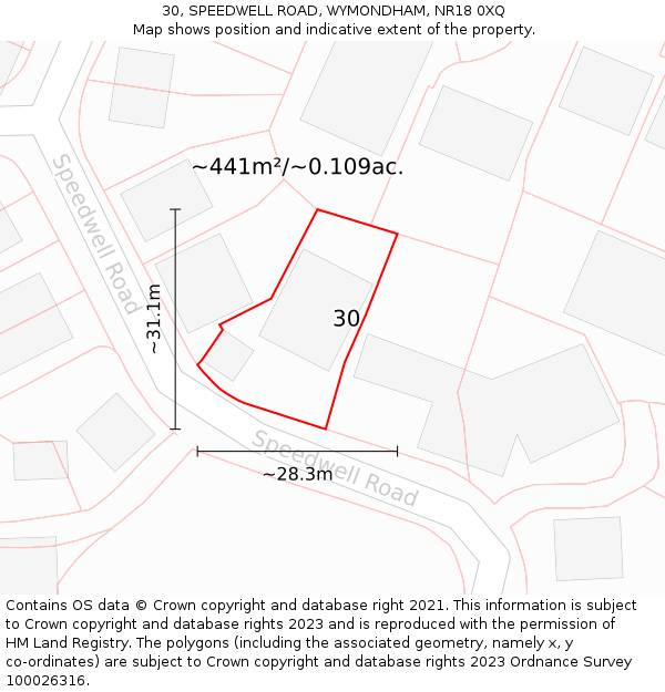 30, SPEEDWELL ROAD, WYMONDHAM, NR18 0XQ: Plot and title map