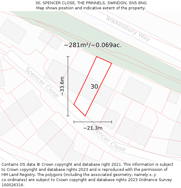 30, SPENCER CLOSE, THE PRINNELS, SWINDON, SN5 6NG: Plot and title map