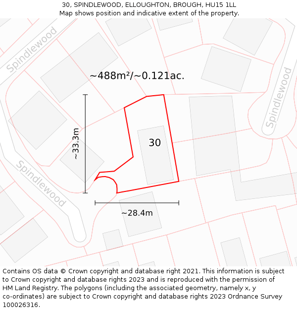 30, SPINDLEWOOD, ELLOUGHTON, BROUGH, HU15 1LL: Plot and title map