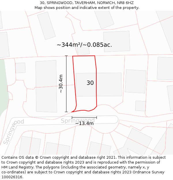 30, SPRINGWOOD, TAVERHAM, NORWICH, NR8 6HZ: Plot and title map