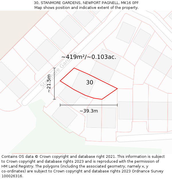 30, STANMORE GARDENS, NEWPORT PAGNELL, MK16 0PF: Plot and title map
