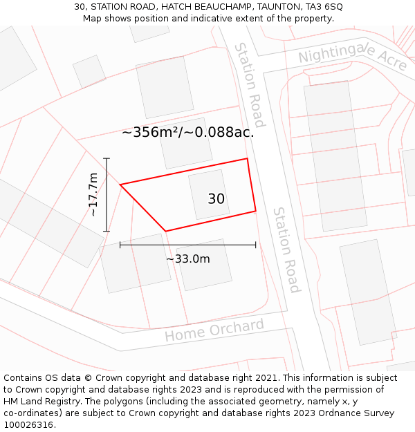 30, STATION ROAD, HATCH BEAUCHAMP, TAUNTON, TA3 6SQ: Plot and title map