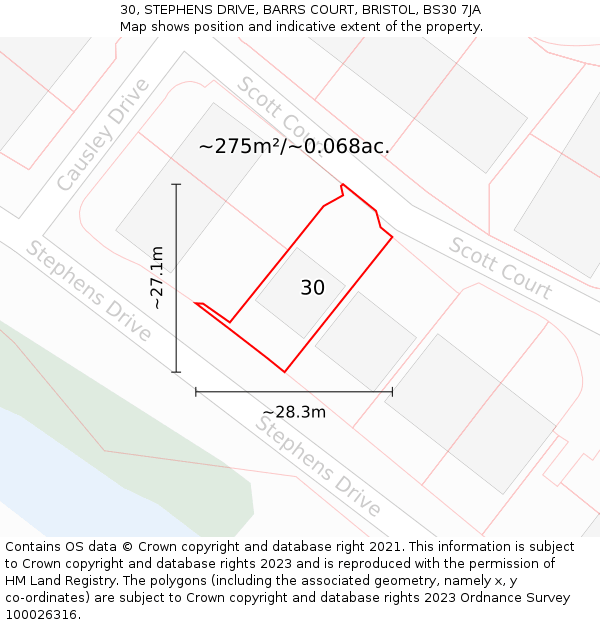 30, STEPHENS DRIVE, BARRS COURT, BRISTOL, BS30 7JA: Plot and title map