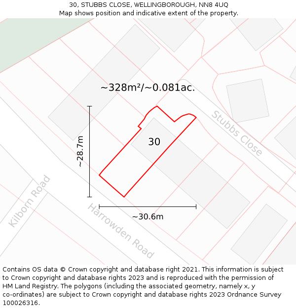 30, STUBBS CLOSE, WELLINGBOROUGH, NN8 4UQ: Plot and title map