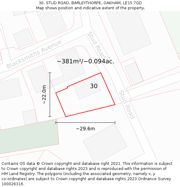 30, STUD ROAD, BARLEYTHORPE, OAKHAM, LE15 7GD: Plot and title map