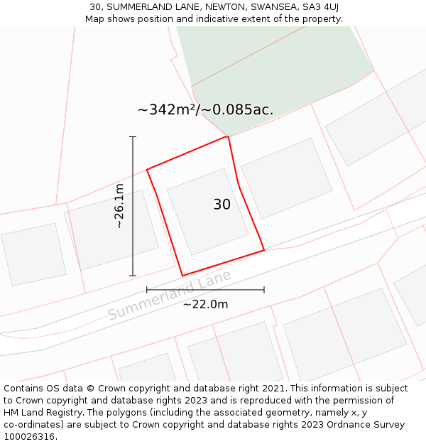 30, SUMMERLAND LANE, NEWTON, SWANSEA, SA3 4UJ: Plot and title map