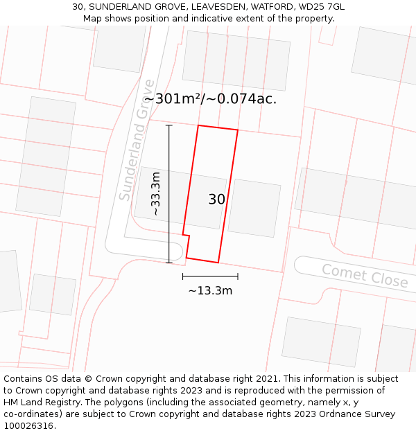 30, SUNDERLAND GROVE, LEAVESDEN, WATFORD, WD25 7GL: Plot and title map