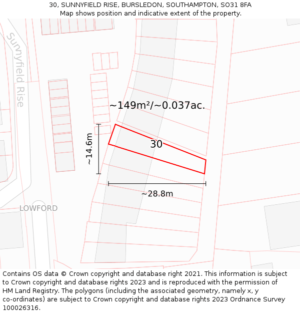 30, SUNNYFIELD RISE, BURSLEDON, SOUTHAMPTON, SO31 8FA: Plot and title map