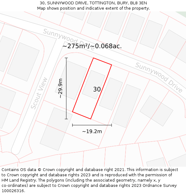 30, SUNNYWOOD DRIVE, TOTTINGTON, BURY, BL8 3EN: Plot and title map