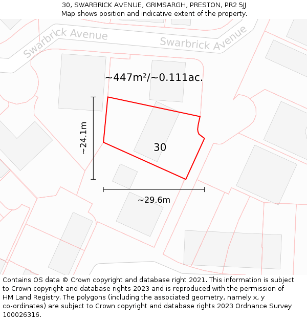 30, SWARBRICK AVENUE, GRIMSARGH, PRESTON, PR2 5JJ: Plot and title map