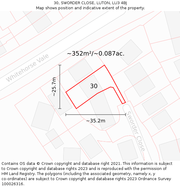 30, SWORDER CLOSE, LUTON, LU3 4BJ: Plot and title map