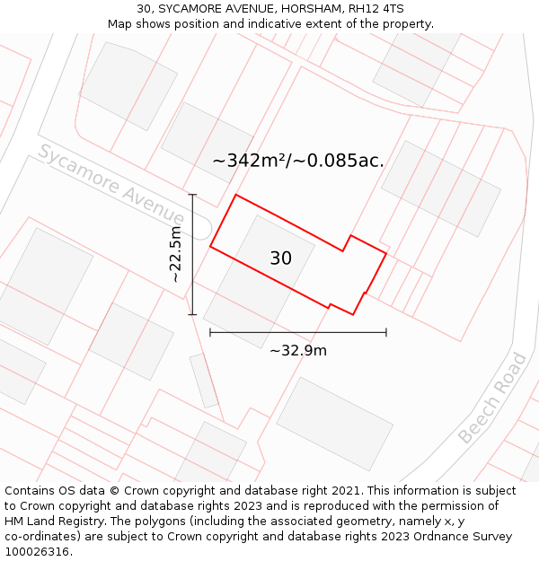 30, SYCAMORE AVENUE, HORSHAM, RH12 4TS: Plot and title map