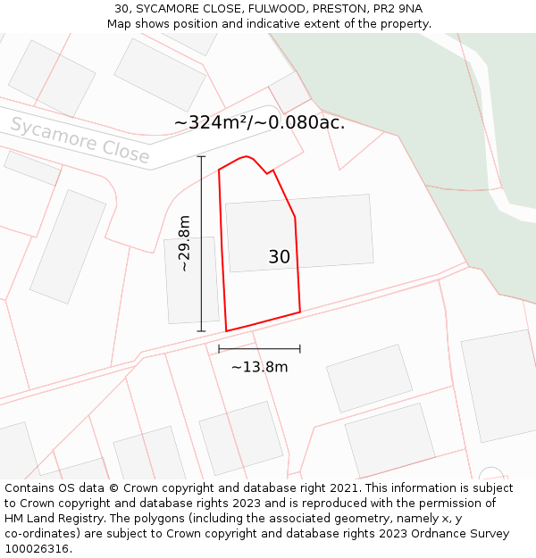 30, SYCAMORE CLOSE, FULWOOD, PRESTON, PR2 9NA: Plot and title map