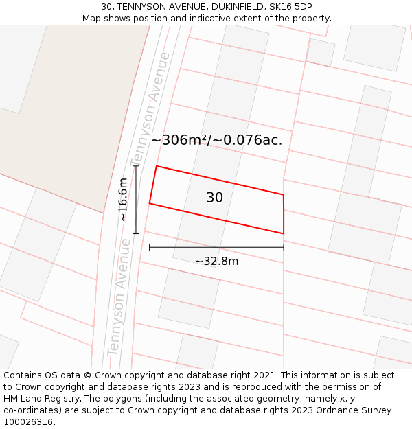 30, TENNYSON AVENUE, DUKINFIELD, SK16 5DP: Plot and title map